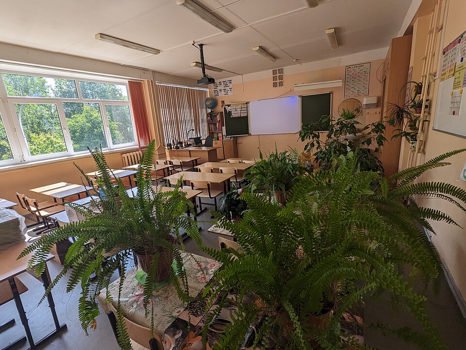Summer empty classroom, blackboard and flowers on tables, 2023.jpg